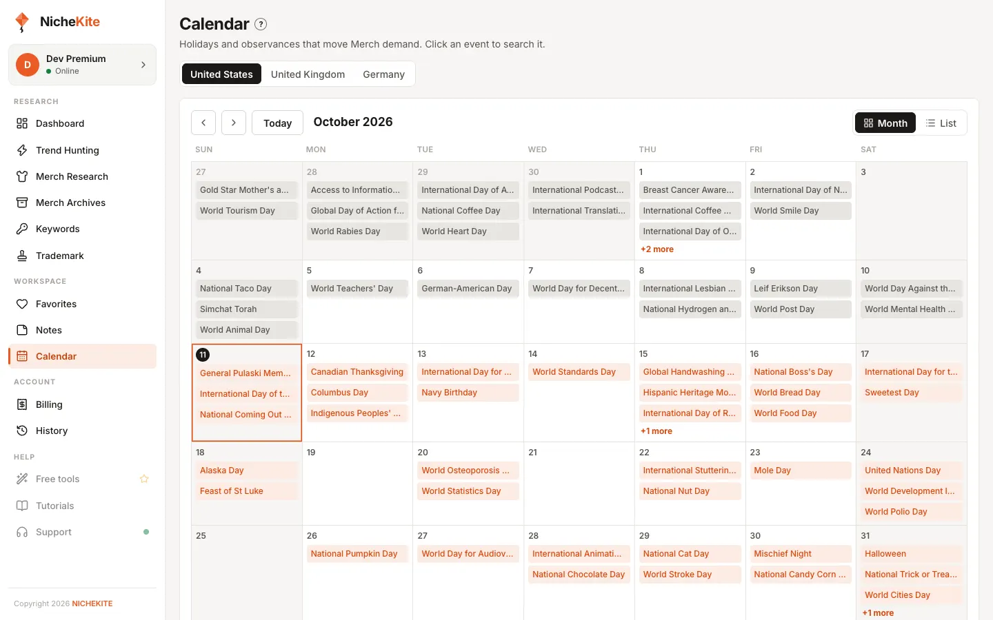 Merch calendar, October 2026, United States
