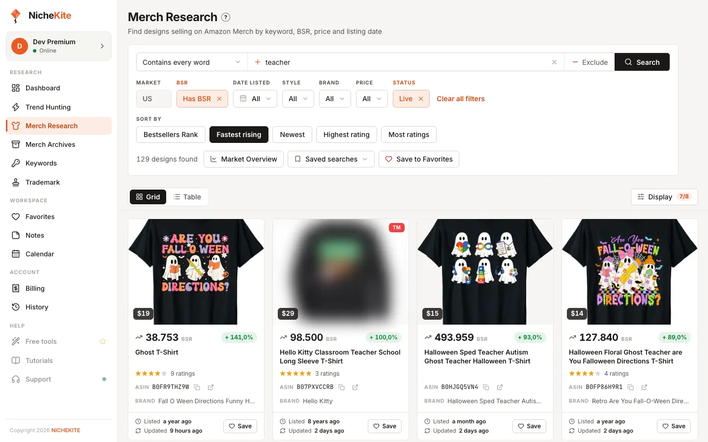 Merch Research sorted by fastest rising for the keyword teacher, showing designs with their 30-day BSR change