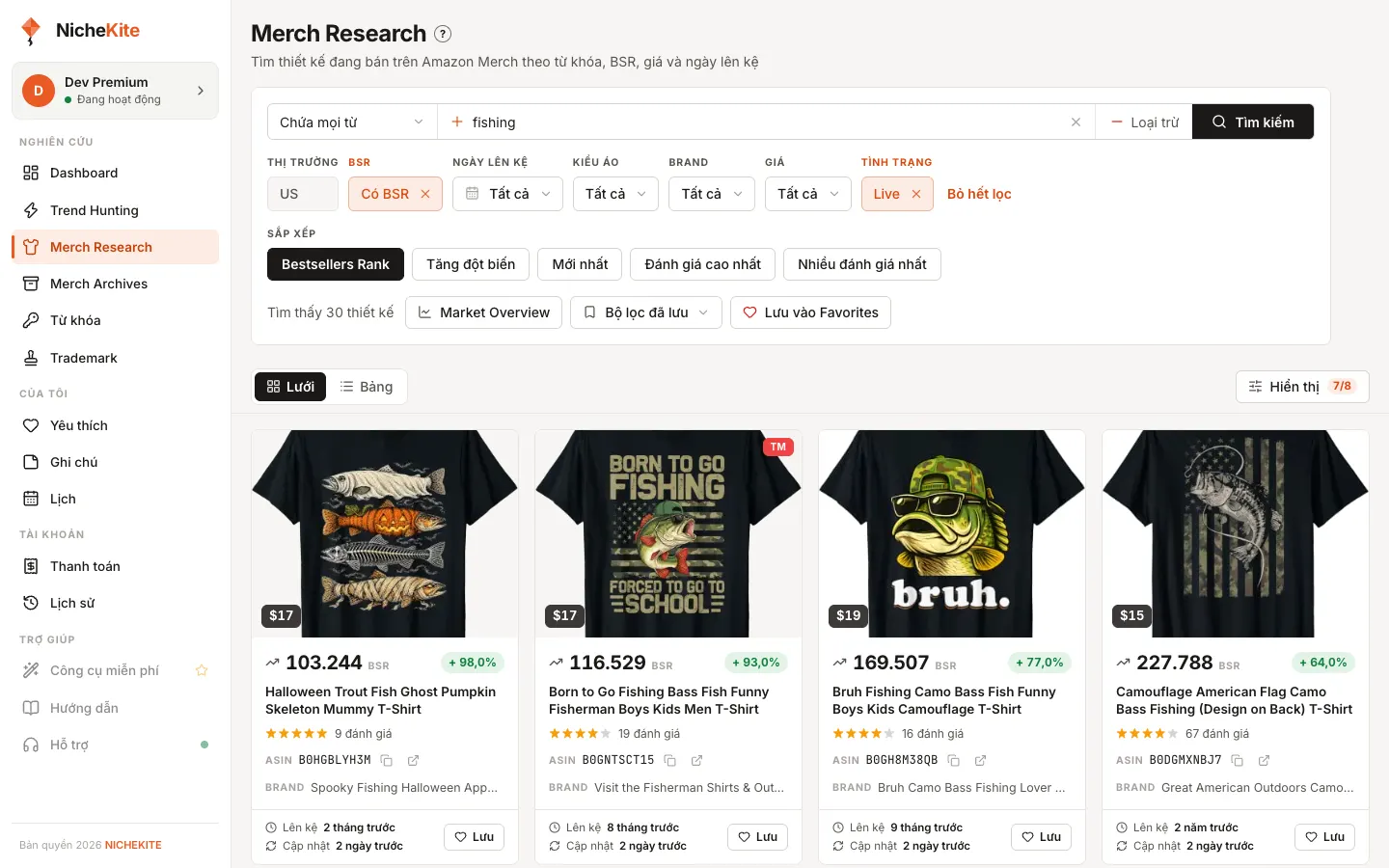 Merch Research của NicheKite: tìm áo chủ đề fishing có BSR, dạng lưới với BSR, giá, % thay đổi 30 ngày và ngày lên kệ