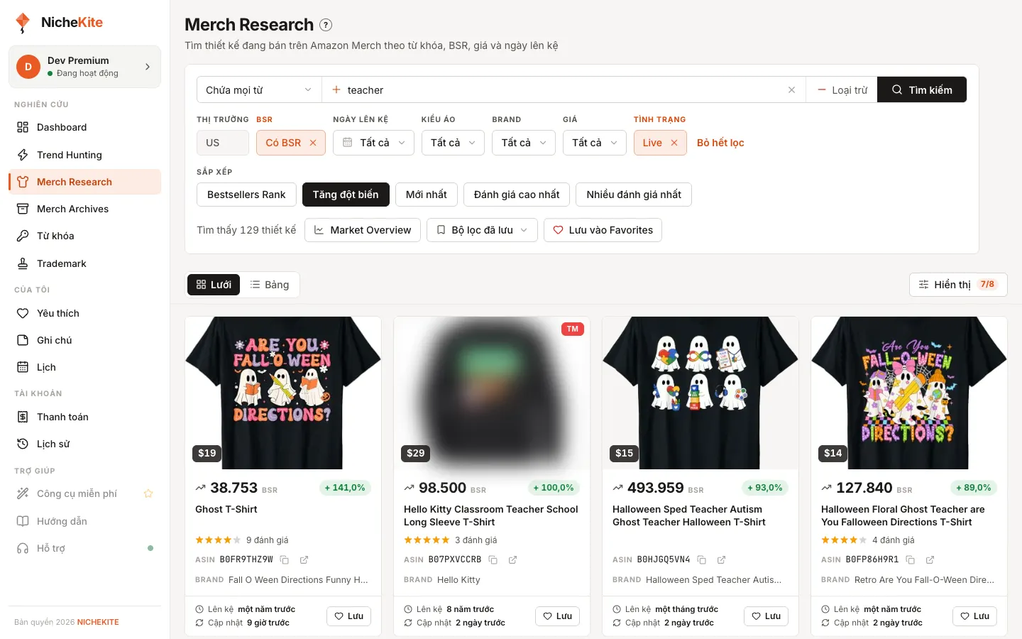Merch Research sắp xếp theo Tăng đột biến cho từ khóa teacher, mỗi mẫu kèm % thay đổi BSR 30 ngày